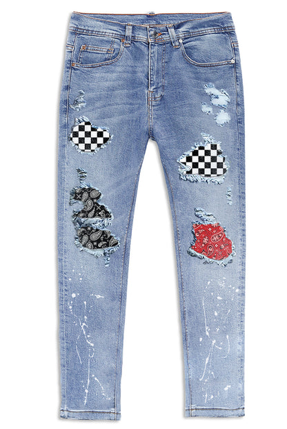 Men's Skull Print Patchwork Distressed Skinny High Waist Jeans