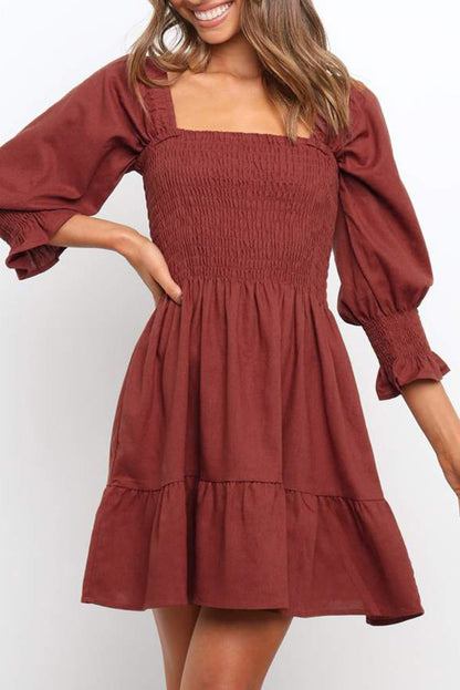 Square Neck Smocked Balloon Sleeve A-line Dress