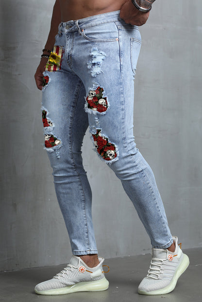 Men's Skull Print Patchwork Distressed Skinny High Waist Jeans