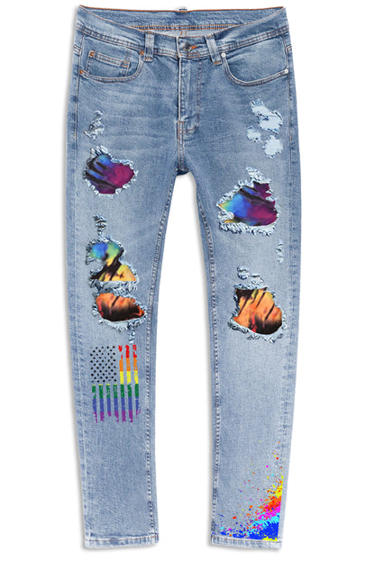 Men's Skull Print Patchwork Distressed Skinny High Waist Jeans