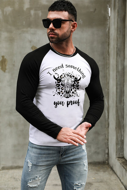 Men's Letter Skull Print Color Block Long Sleeve Top