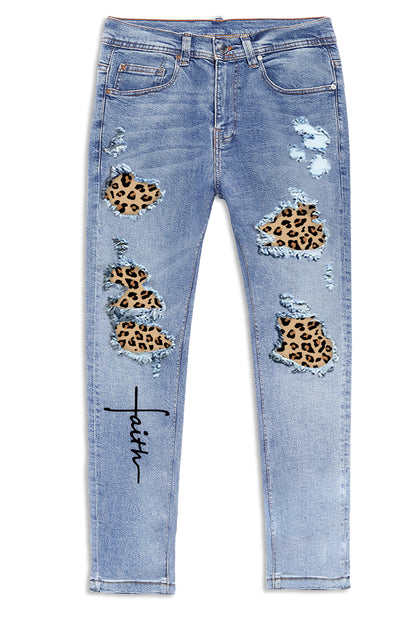 Men's Skull Print Patchwork Distressed Skinny High Waist Jeans