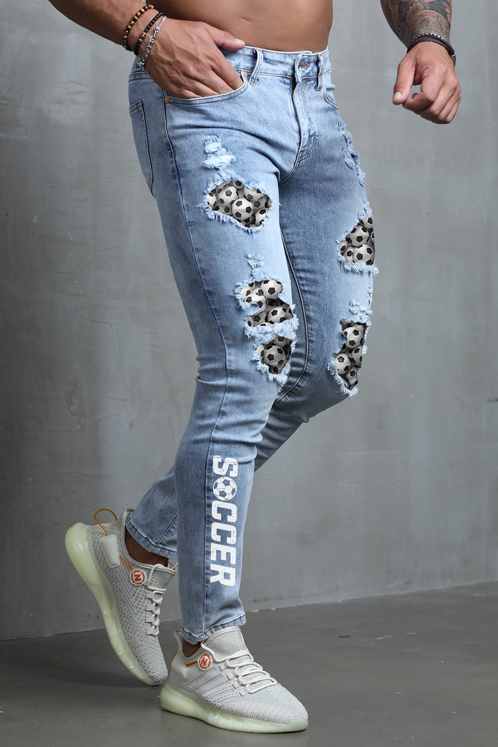 Men's Skull Print Patchwork Distressed Skinny High Waist Jeans