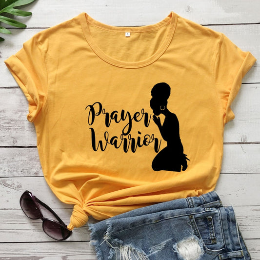 Prayer Warrior Powerful Afro Print T-shirt Casual Women Christian Faith Tshirt Summer Short Sleeve 90s Graphic Yellow Tops Tees