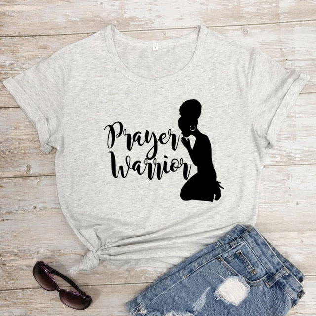 Prayer Warrior Powerful Afro Print T-shirt Casual Women Christian Faith Tshirt Summer Short Sleeve 90s Graphic Yellow Tops Tees