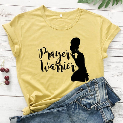 Prayer Warrior Powerful Afro Print T-shirt Casual Women Christian Faith Tshirt Summer Short Sleeve 90s Graphic Yellow Tops Tees