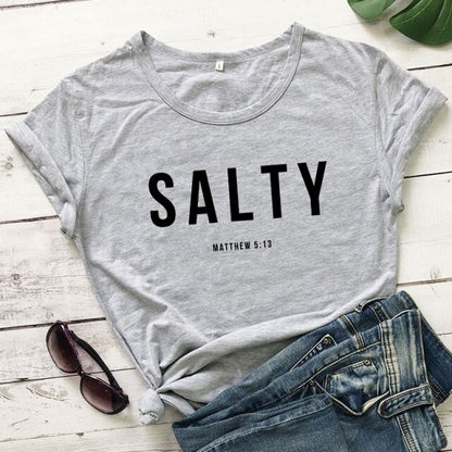Salty Matthew 5:13 T-shirt Vintage Christian Bible Verse Tees Tops Casual Womens Crewneck Graphic Summer Tshirt