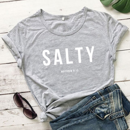 Salty Matthew 5:13 T-shirt Vintage Christian Bible Verse Tees Tops Casual Womens Crewneck Graphic Summer Tshirt