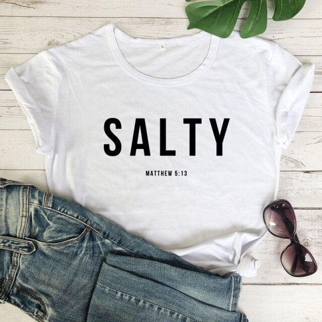 Salty Matthew 5:13 T-shirt Vintage Christian Bible Verse Tees Tops Casual Womens Crewneck Graphic Summer Tshirt