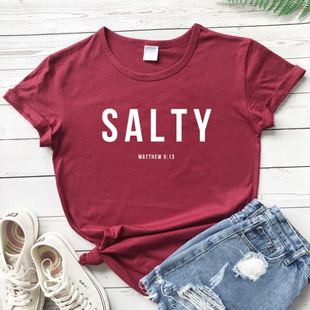 Salty Matthew 5:13 T-shirt Vintage Christian Bible Verse Tees Tops Casual Womens Crewneck Graphic Summer Tshirt