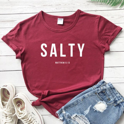 Salty Matthew 5:13 T-shirt Vintage Christian Bible Verse Tees Tops Casual Womens Crewneck Graphic Summer Tshirt